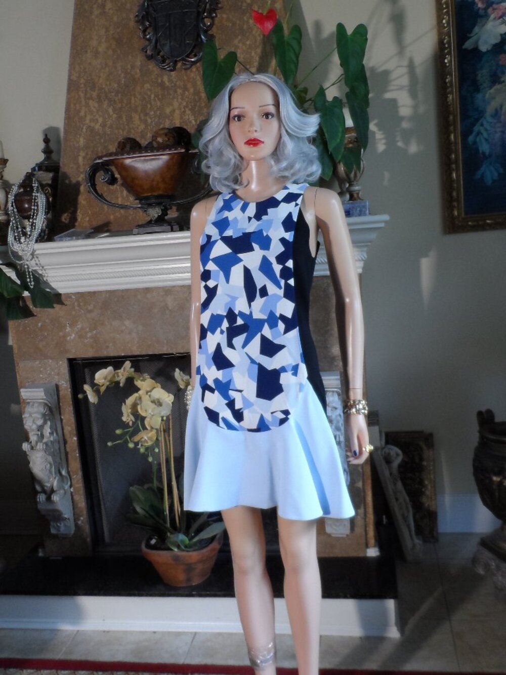 New Givenchy Blue Geometric Colorblock Ruffle Hem Dress Size FR 36 US 4